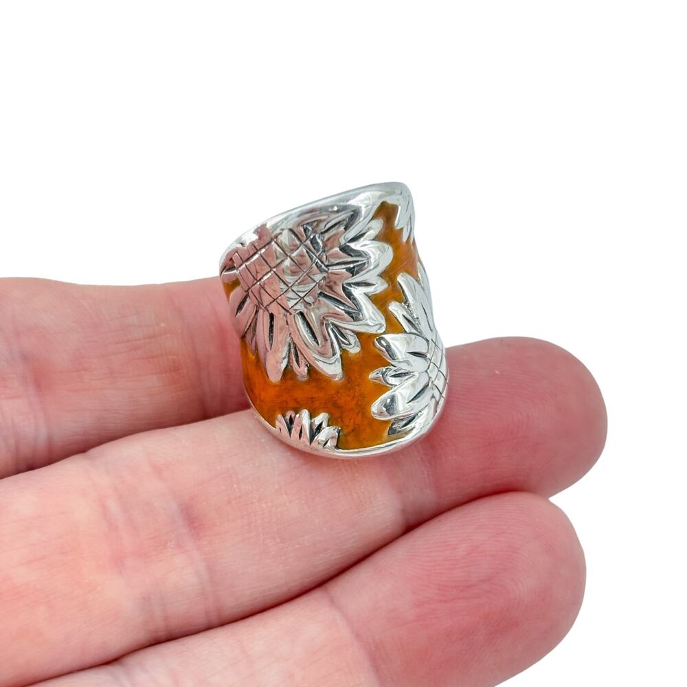 Vintage Sterling Silver 925 Orange Enamel Leaf Ring Size 7